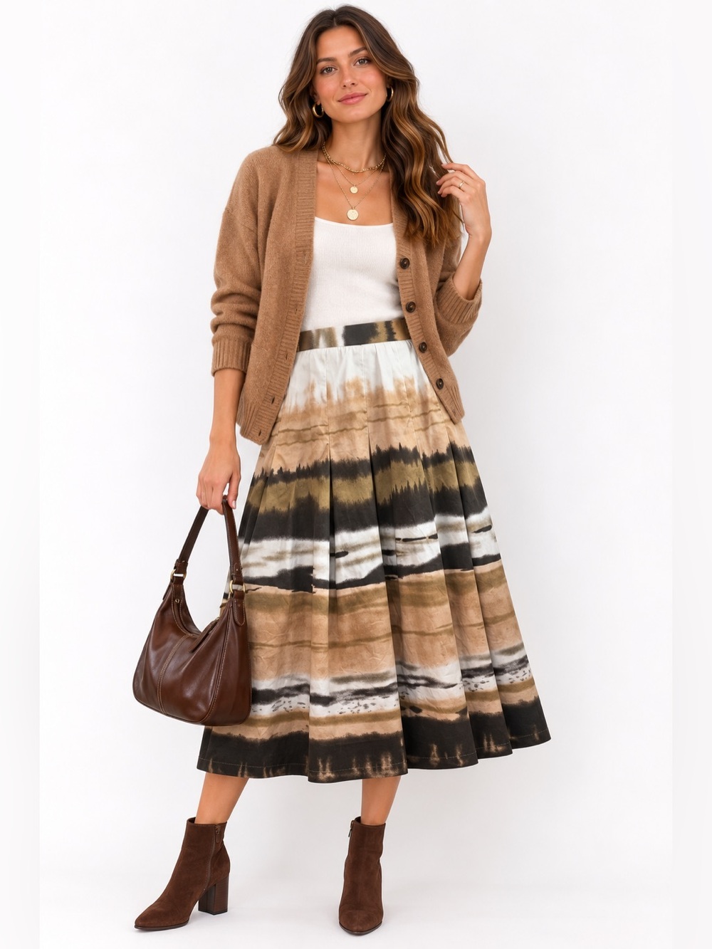 Colorado earth tone Mountain watercolor box pleat skirt lined white brown tan 12